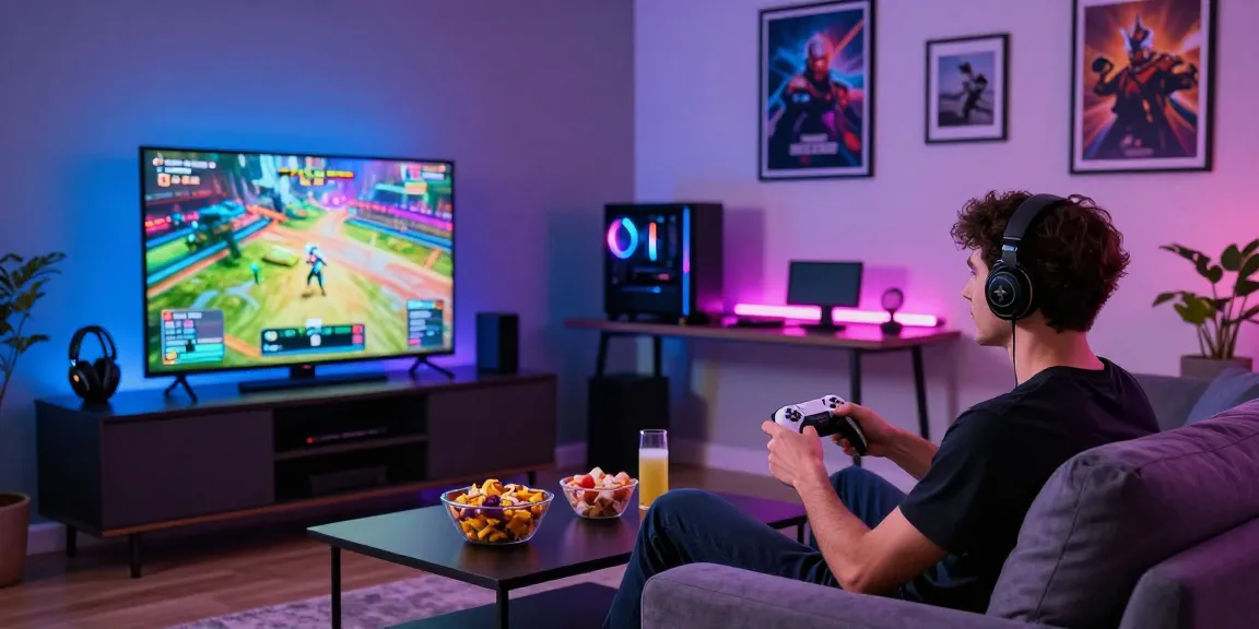 Penggemar bermain game di ruang tamu dengan tayangan tantegacor88 resmi di TV besar.