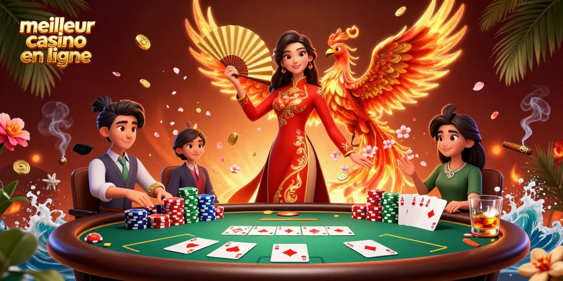 Découvrez le frisson au meilleur casino en ligne avec une illustration 3D vibrante mettant en scène une femme gracieuse et un phénix parmi des éléments de poker.