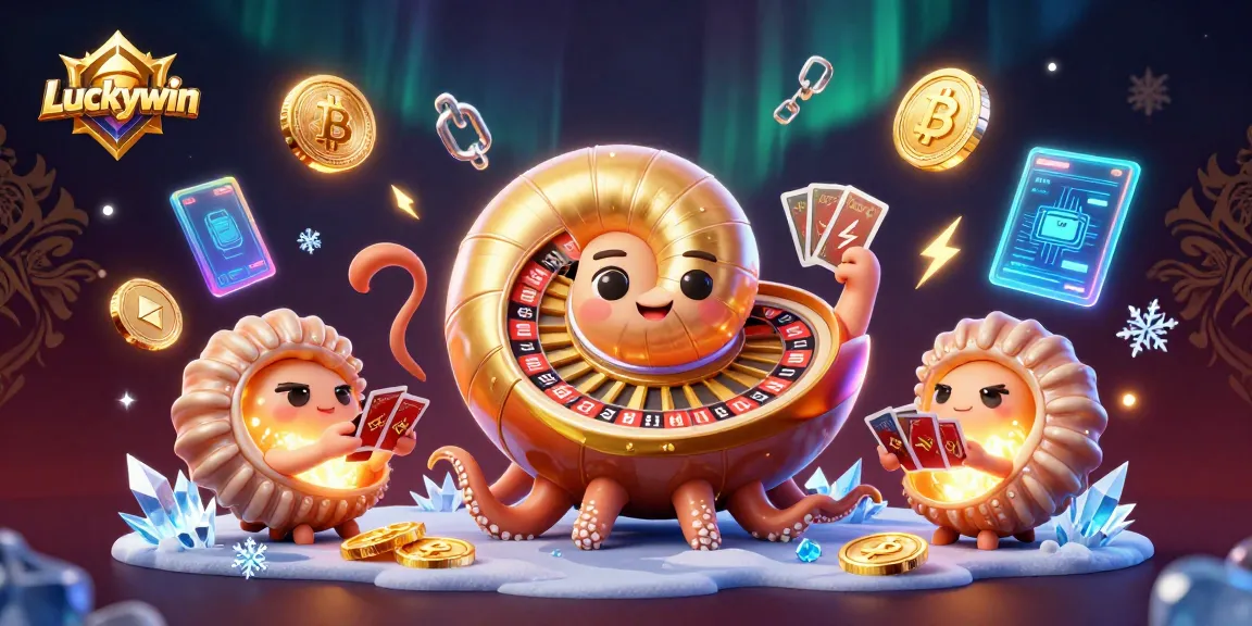 Engage with Luckywin's thrilling 3D casino experience, featuring a giant nautilus roulette wheel and vibrant digital elements.