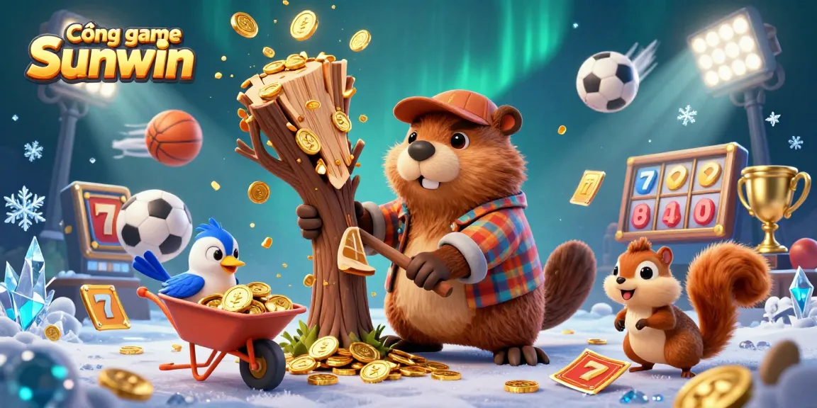 Cổng game Sunwin showcases a vibrant 3D cartoon scene with characters collecting coins, embodying gaming excitement and strategy.