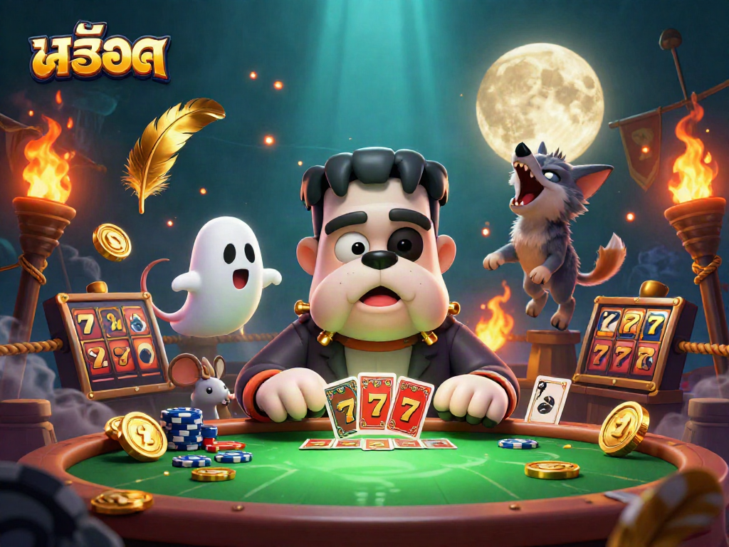 Engage with สล็อต-themed gameplay as a Frankenstein bulldog deals cards in a vibrant casino scene.