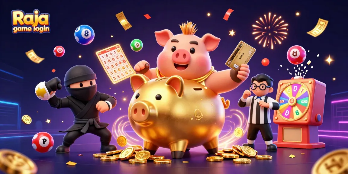 Engage in action with Raja game login: a golden piggy bank sumo wrestler celebrating amidst lottery balls and confetti.