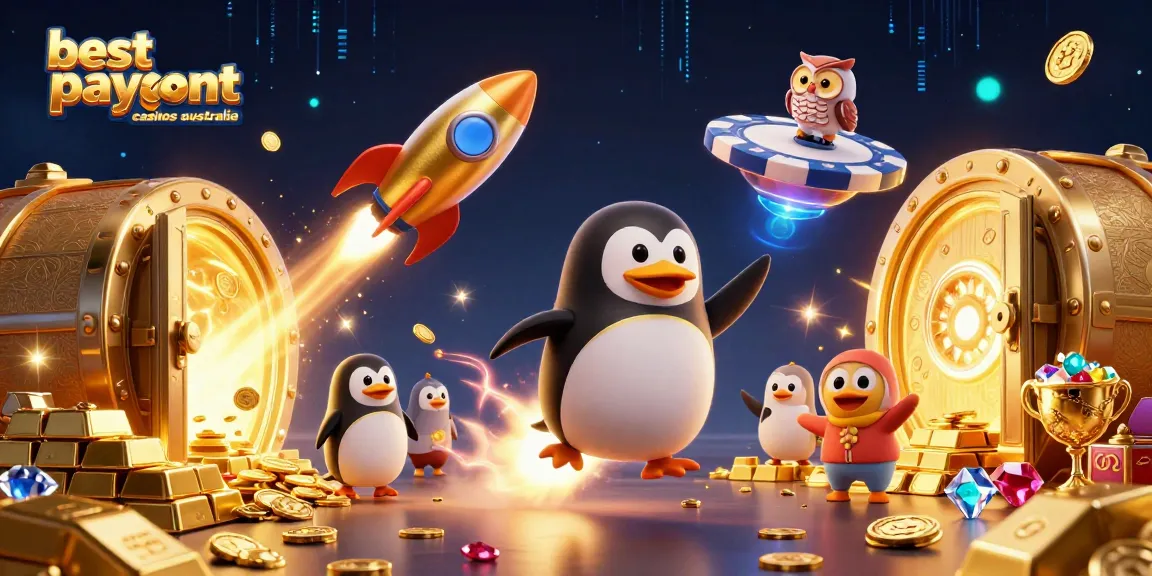 Win big at best payout casinos Australia with a golden penguin soaring through a vibrant casino space theme.