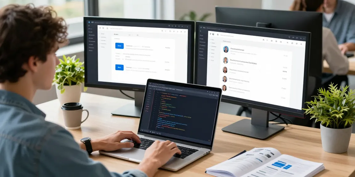 Efficient workspace showcasing 纸飞机中文版 app development with dual monitors and coding environment.