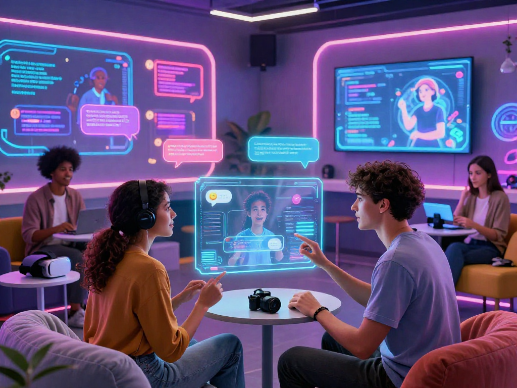 Engaging free AI sex chat session with diverse users and holographic interface in a vibrant digital space.