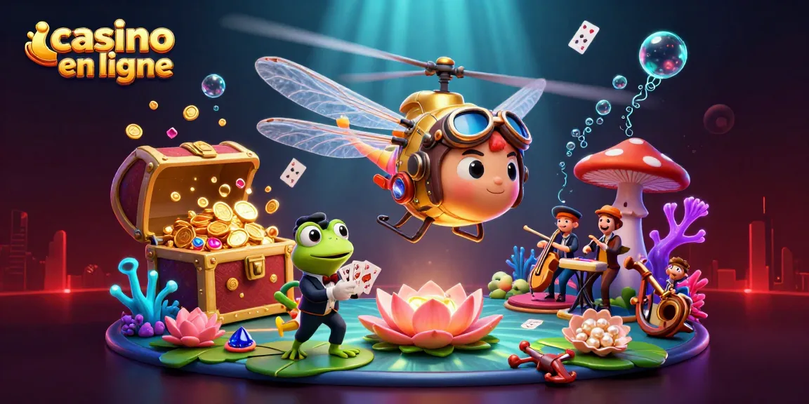 Jouez et gagnez avec un casino en ligne, illustration colorée d'un croupier grenouille et d'un pilote libellule dans un casino sous-marin.