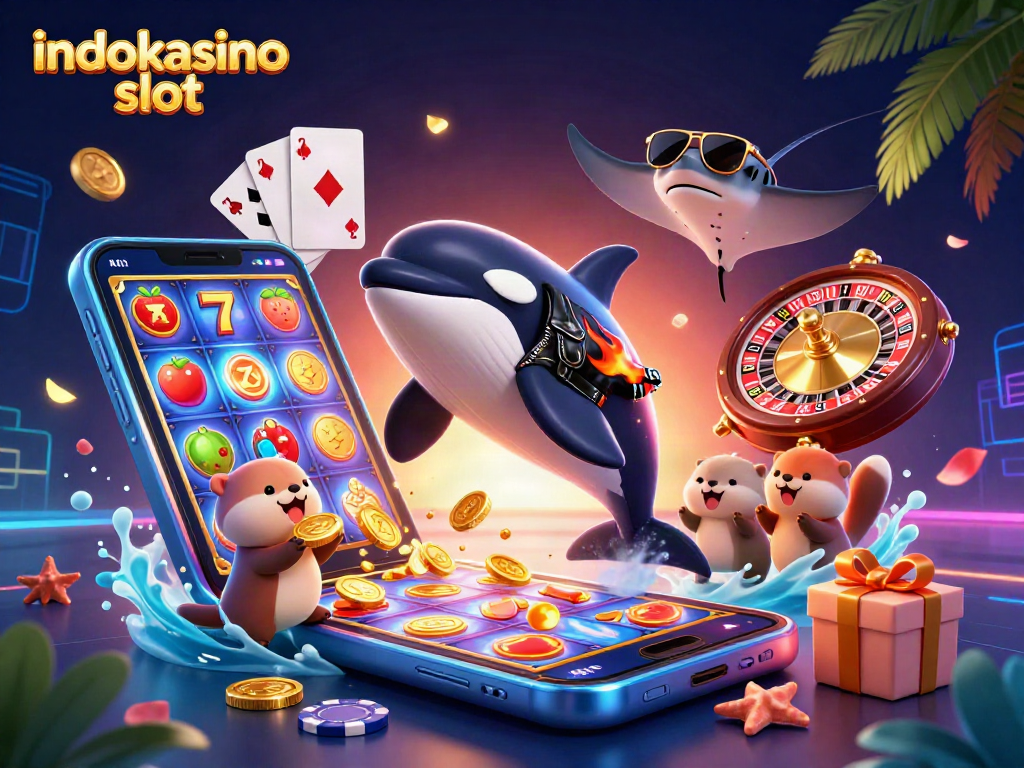 Menangkan Indokasino slot dengan orca, ikan pari, dan berang-berang yang memegang koin emas di latar kasino.