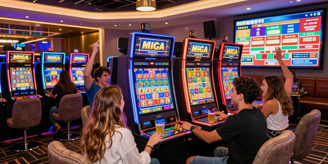 Excited friends playing Mega Ace slots with vibrant casino atmosphere.