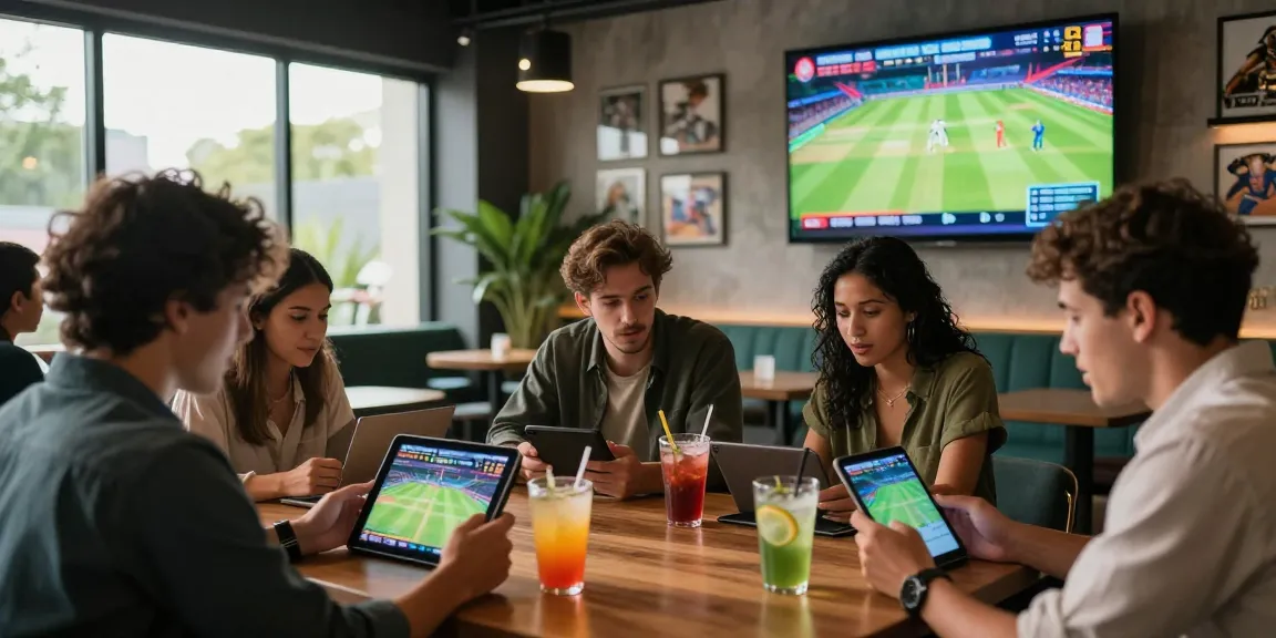 Exciting Fairplay24 cricket betting scene with friends analyzing live match statistics.