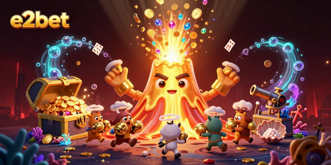 Join the e2bet adventure with a triumphant golden volcano and explorer animals amidst a vibrant treasure scene!