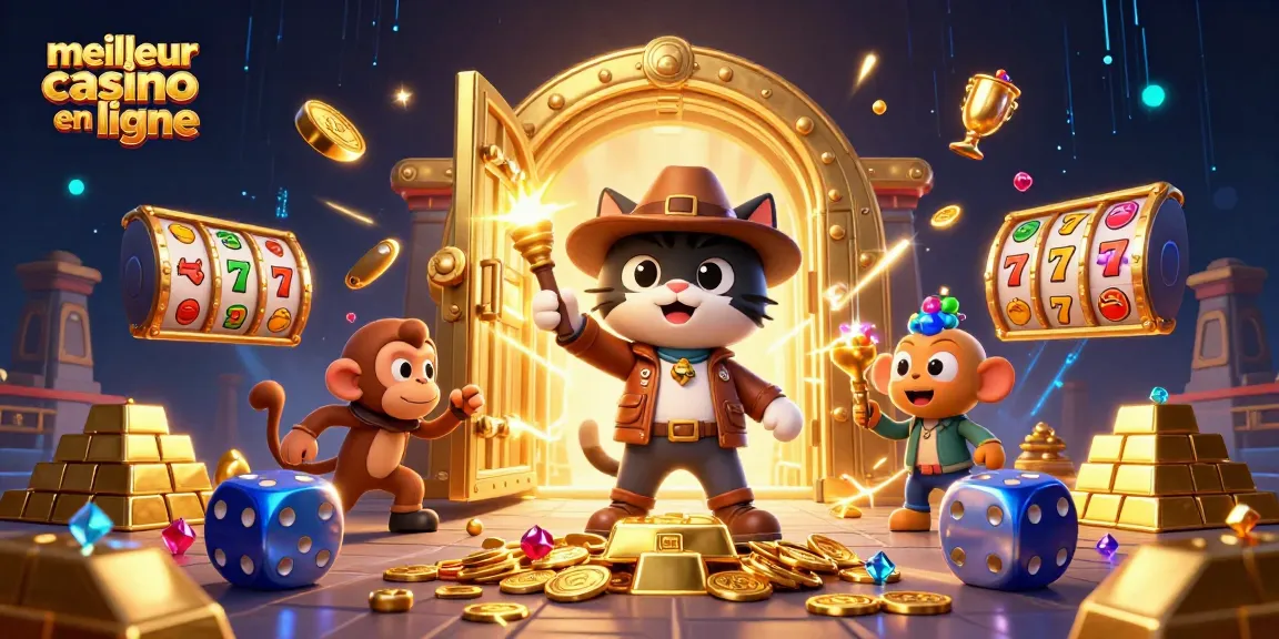 Engage with the meilleur casino en ligne through a vibrant scene of an explorer cat and a monkey companion finding treasures.