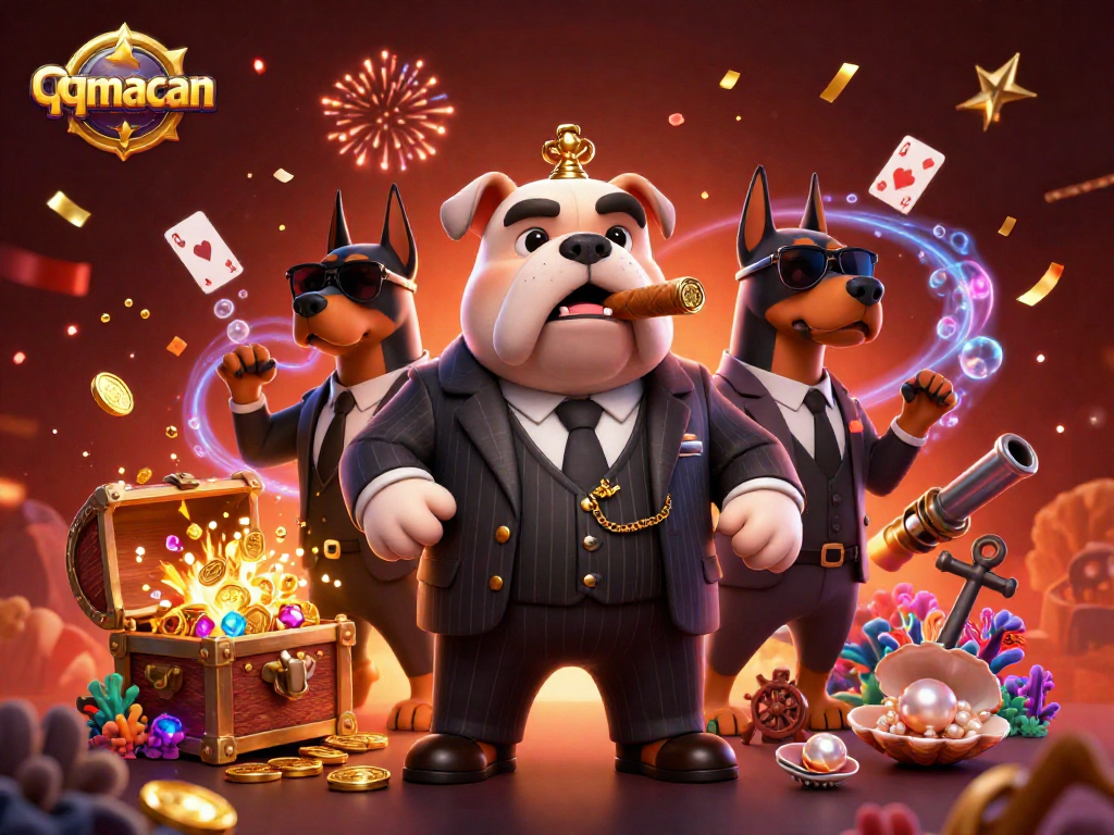 Engage with qqmacan for a thrilling underwater treasure hunt in this 3D gaming scene.