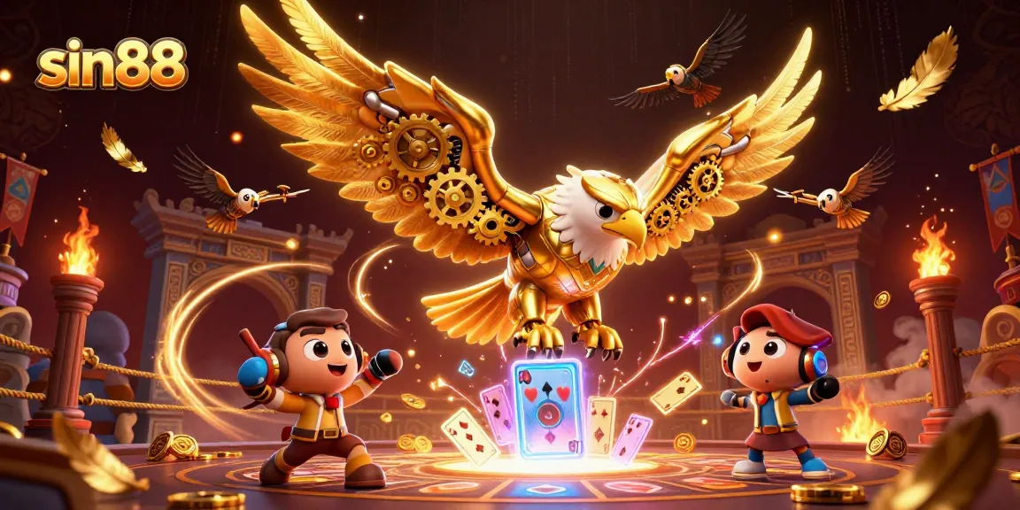 Experience thrilling gameplay with sin88's captivating casino scene, featuring a golden eagle amidst vibrant holographic playing cards.