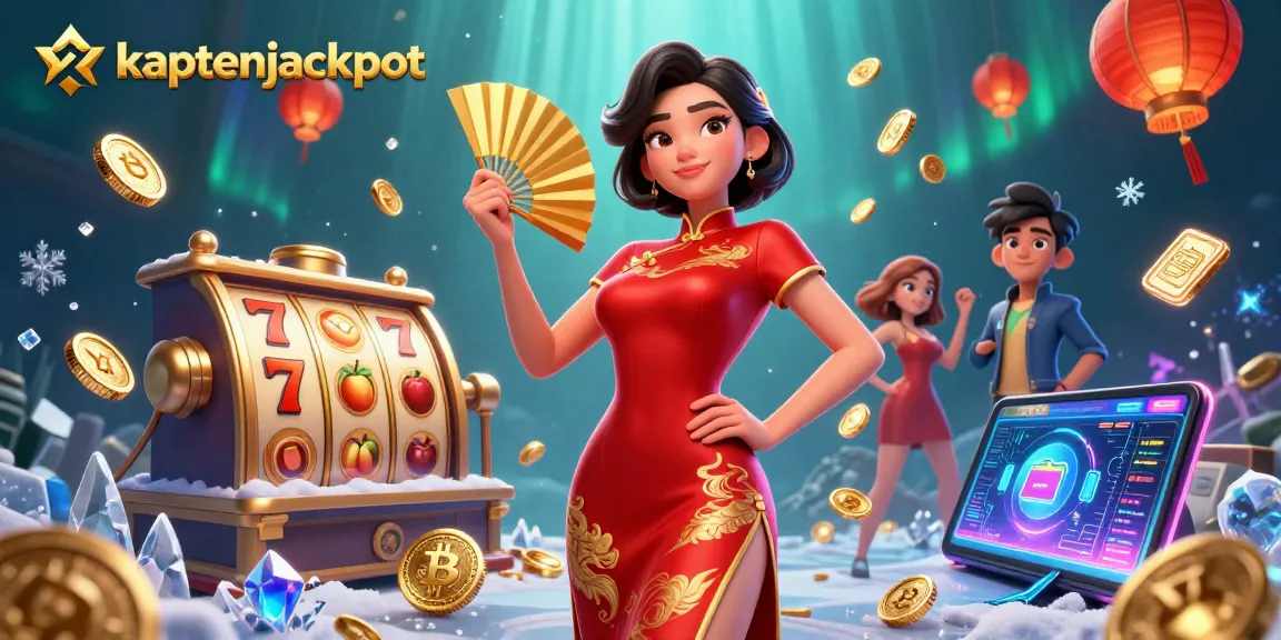 Experience kaptenjackpot excitement with a dynamic 3D casino illustration filled with slot reels and vibrant gold coins.