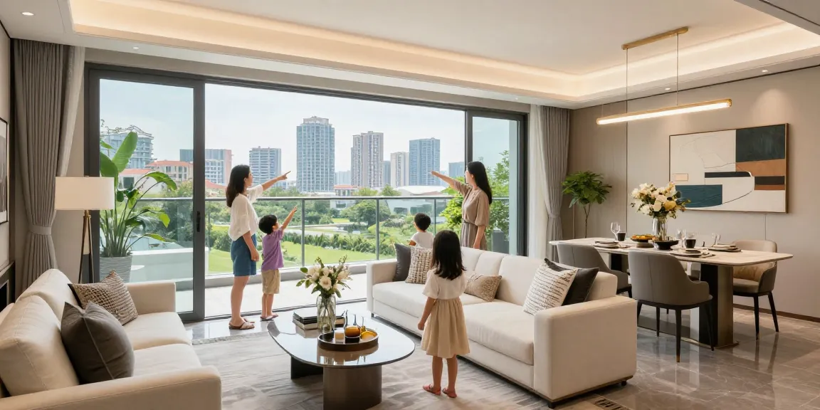 Dover Residences Showflat showcasing a modern living room with family exploring skyline views.