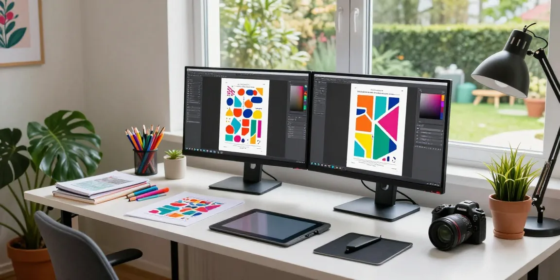 Creative workspace showcasing vibrant poster printing designs and art supplies.