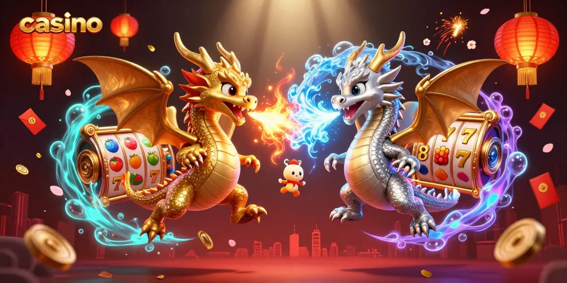 Experience thrilling action in a vibrant casino scene with dragons and dynamic slot symbols.