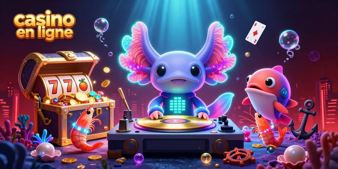 Jouez au casino en ligne avec une scène festive d'axolotl DJ et des crevettes dansantes entourées de joyaux.
