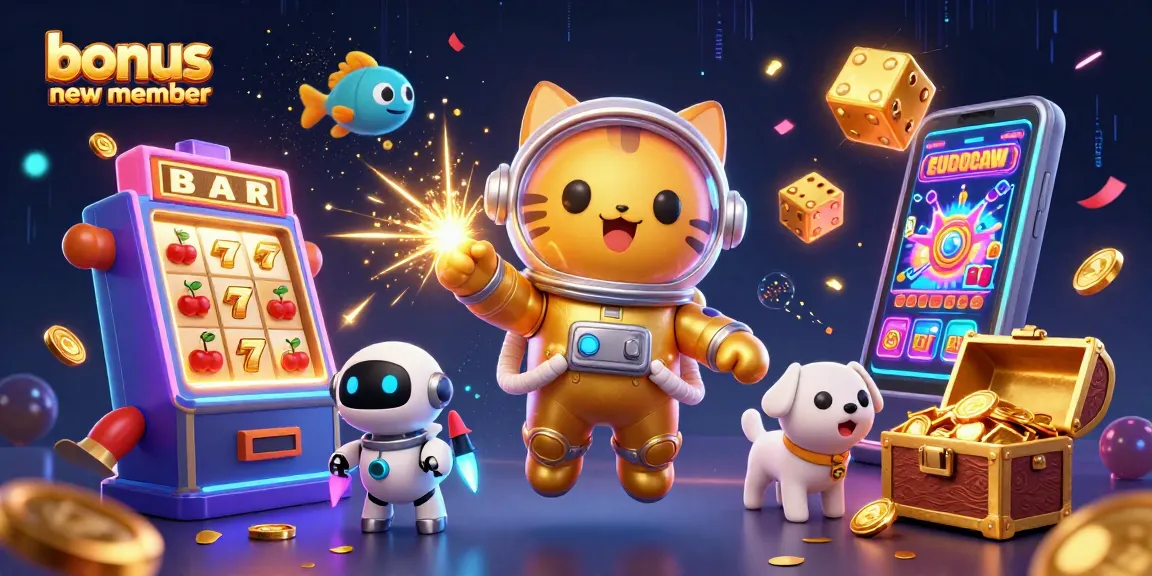 Experience thrilling wins as a bonus new member in a dynamic casino scene with space-themed characters.