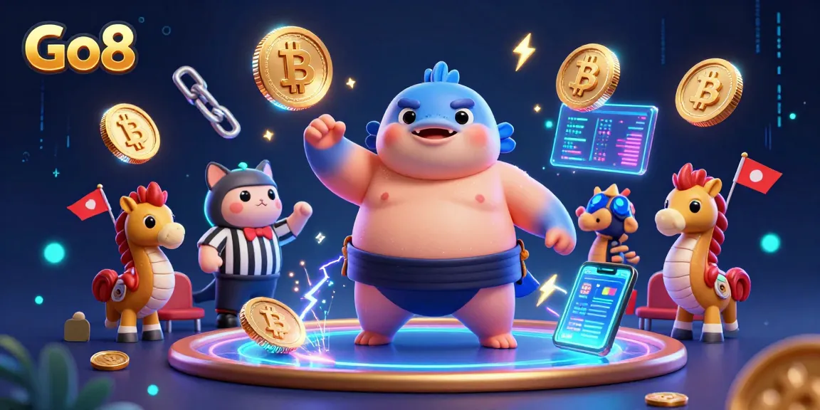 Engage with Go8's underwater casino world featuring a fugu in a sumo belt amidst vibrant crypto elements.