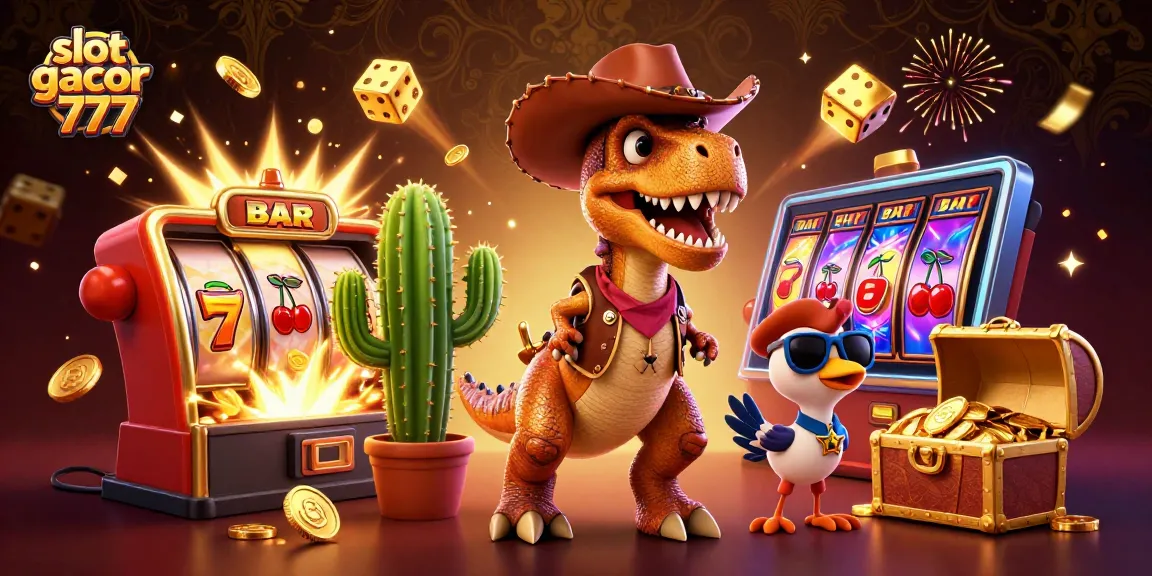 Engage with thrilling slot gacor 777 action featuring T-Rex and friends amidst a jackpot explosion.