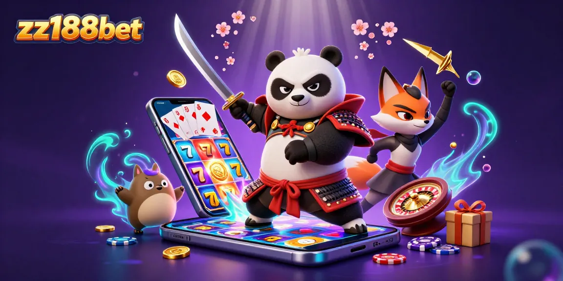 Engage with zz188bet's dynamic gaming scene featuring samurai panda and ninja fox.