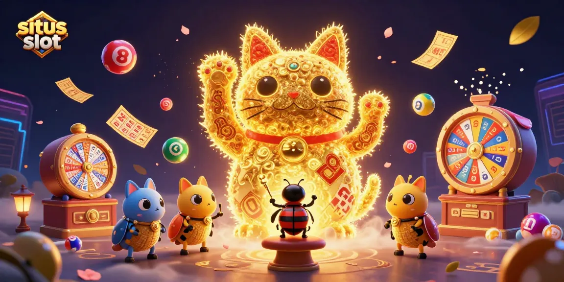 Menangkan permainan di situs slot dengan gambar kucing keberuntungan yang dikelilingi elemen kasino berwarna-warni.