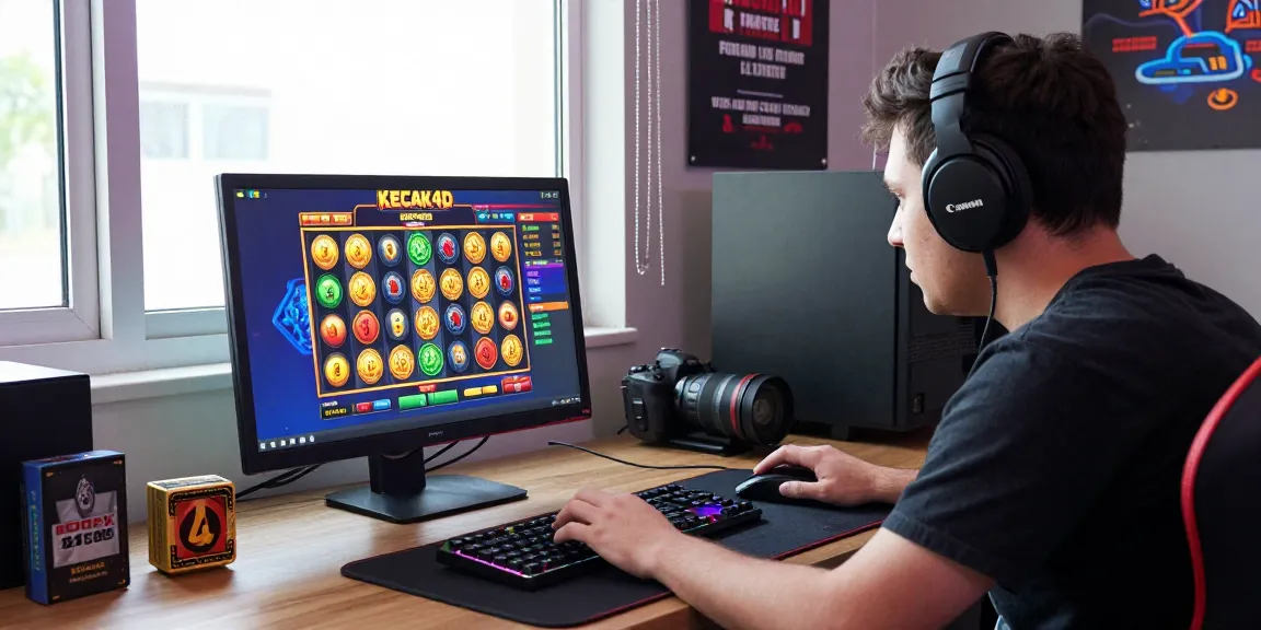 Player engaged with kecak4d online slot game on laptop, vibrant graphics and accessories create an immersive gaming atmosphere.