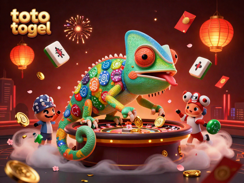 Toto togel illustration showcasing an enormous chameleon casino owner amidst vibrant gaming elements and festive decorations.