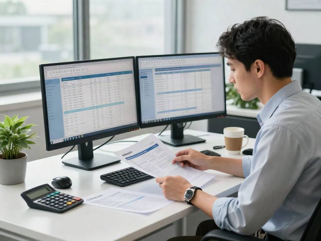 Accountant preparing SMSF tax return in a bright office with financial documents and dual monitors.