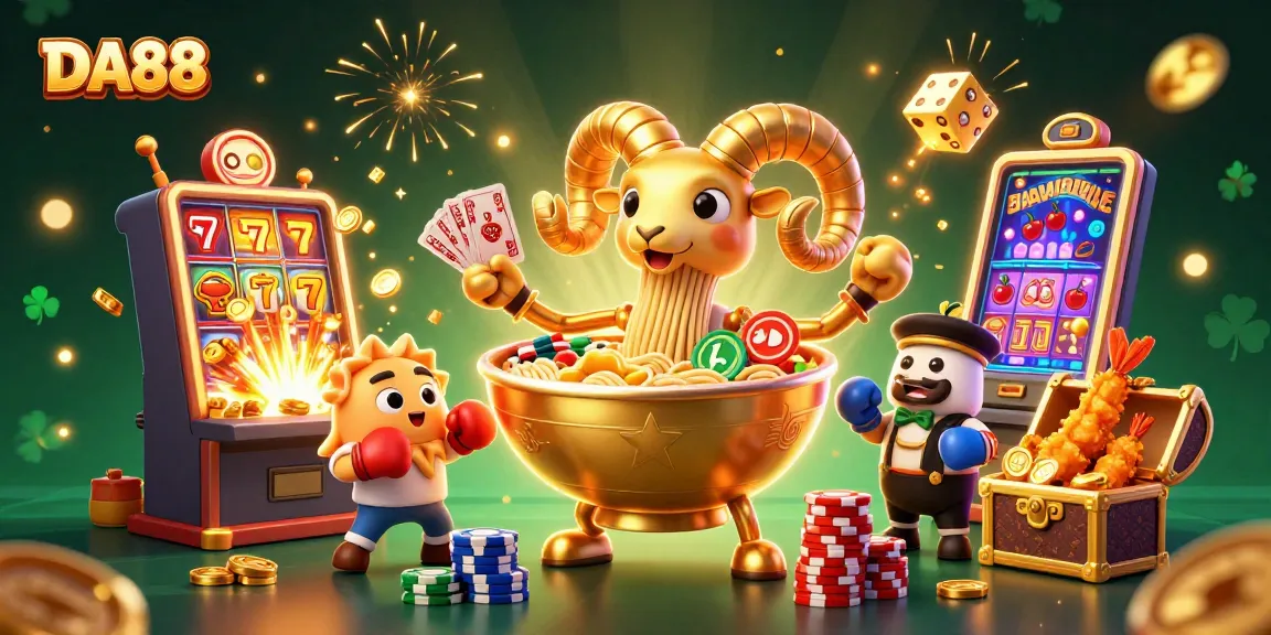 Engage with DA88 in a vibrant casino scene featuring a giant ramen bowl dealer amidst a jackpot explosion.
