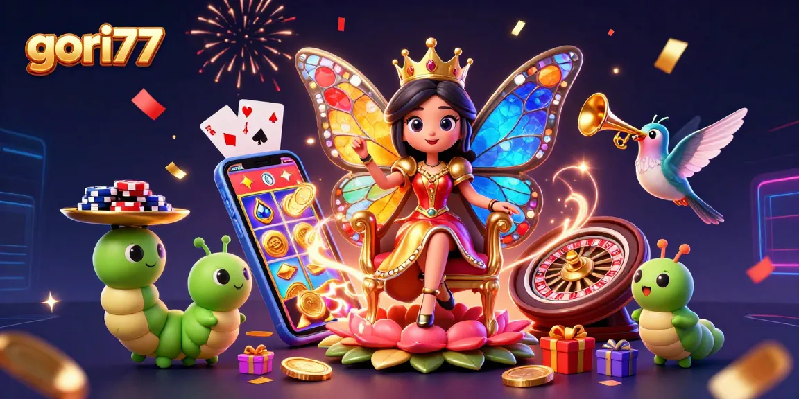 Engage with gori77's vibrant casino world, featuring a lively scene of a butterfly queen amidst gaming elements.