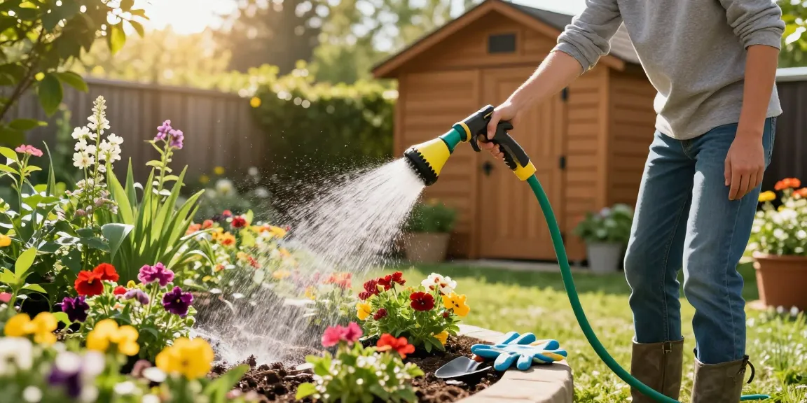 Gardener using the best hose nozzle to water plants in a vibrant garden, showcasing effective irrigation.