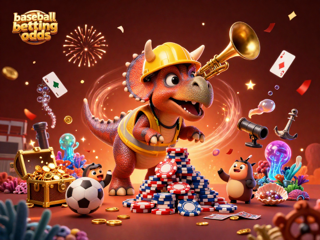 Celebrate baseball betting odds with triceratops building poker chips and sports elements in vibrant 3D.
