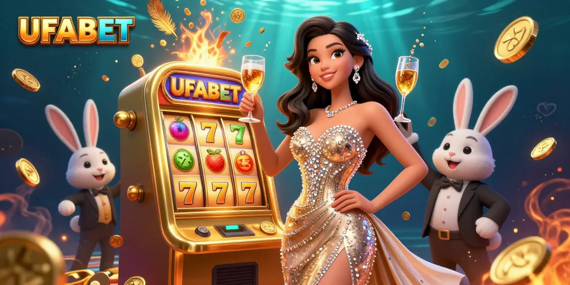 Experience the thrill of UFABET as a glamorous woman toasts beside a golden jackpot slot machine.