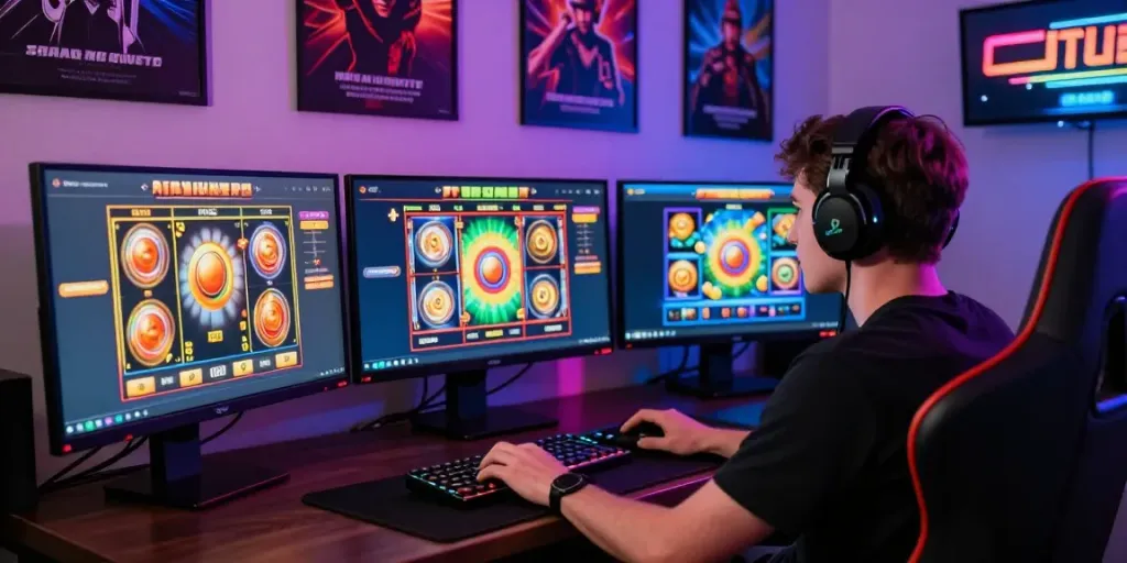 Engaging scene of a person playing a slot game on desktop with vibrant visuals and gaming accessories.