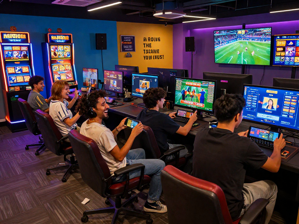 Players enjoying the raja328 link gaming platform in a vibrant lounge, celebrating wins with devices.