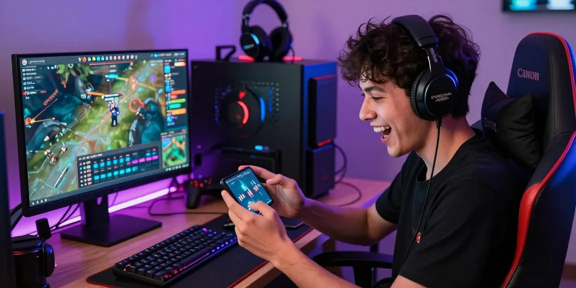 Aksi pengguna cipung138 yang menikmati permainan di smartphone dengan lingkungan gaming yang ceria.