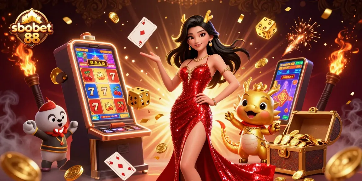 Experience the excitement of sbobet 88 with dynamic slots, a welcoming character, and vibrant casino elements.