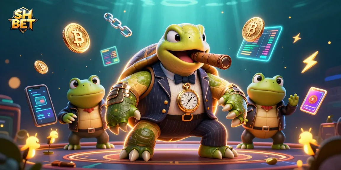 Experience excitement at SH BET with dynamic casino characters and crypto elements in a vibrant 3D scene.