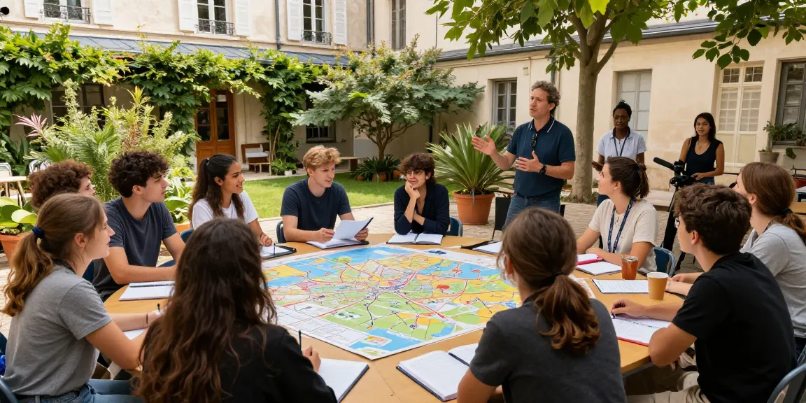 Estudiantes comprometidos aprendiendo Cursos de francés en Francia en una vibrante escuela de idiomas en un hermoso patio.