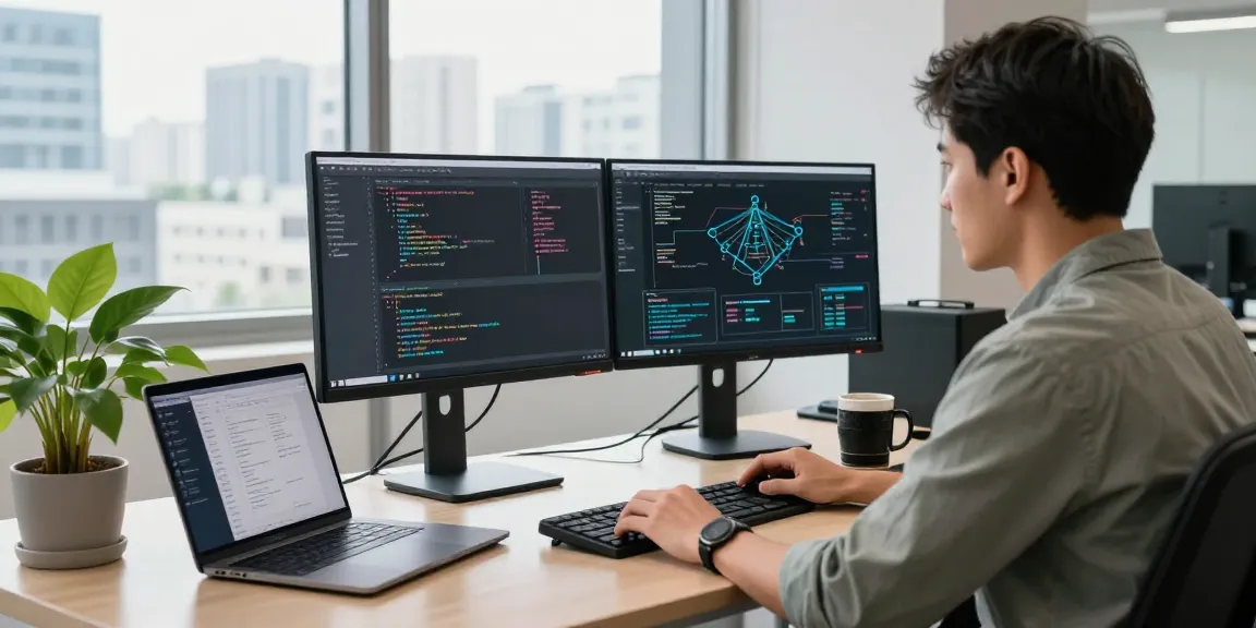 快连 developer using dual monitors in a modern workspace for seamless network connectivity.