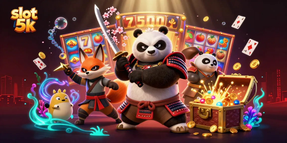 Spin to win on slot 5k with a thrilling scene featuring vibrant slot reels and animated characters.