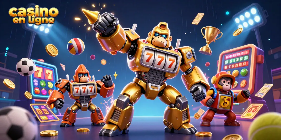 Jouez au casino en ligne avec une illustration d'un gorille robot en or entouré d'éléments de jeux.