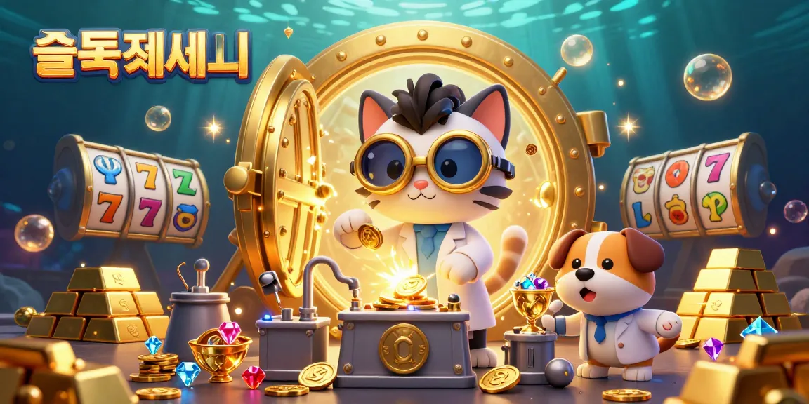 슬롯사이트에서 슬롯 게임을 즐기는 캐릭터들과 함께 금빛 보물이 넘치는 장면입니다.