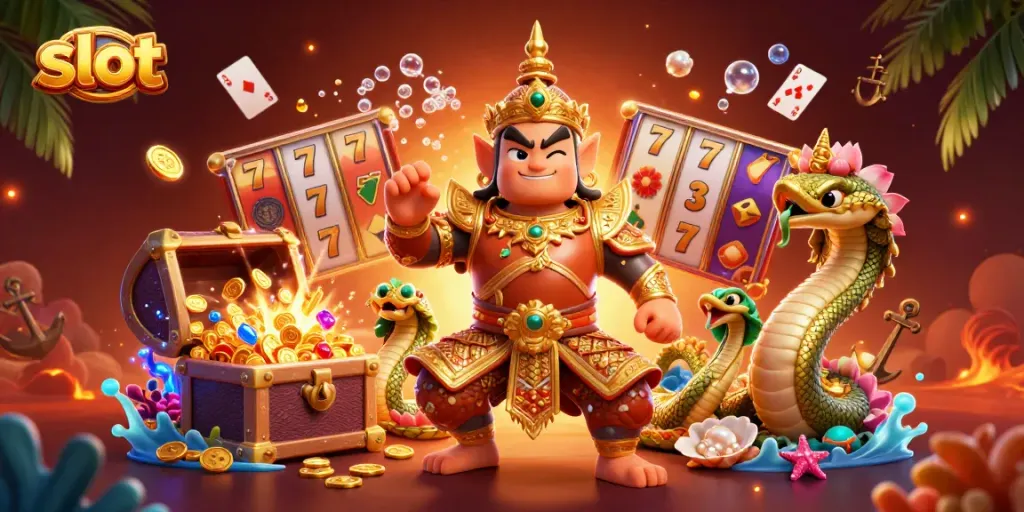 Play exciting slot games with immersive visuals and vibrant characters in a captivating casino scene.