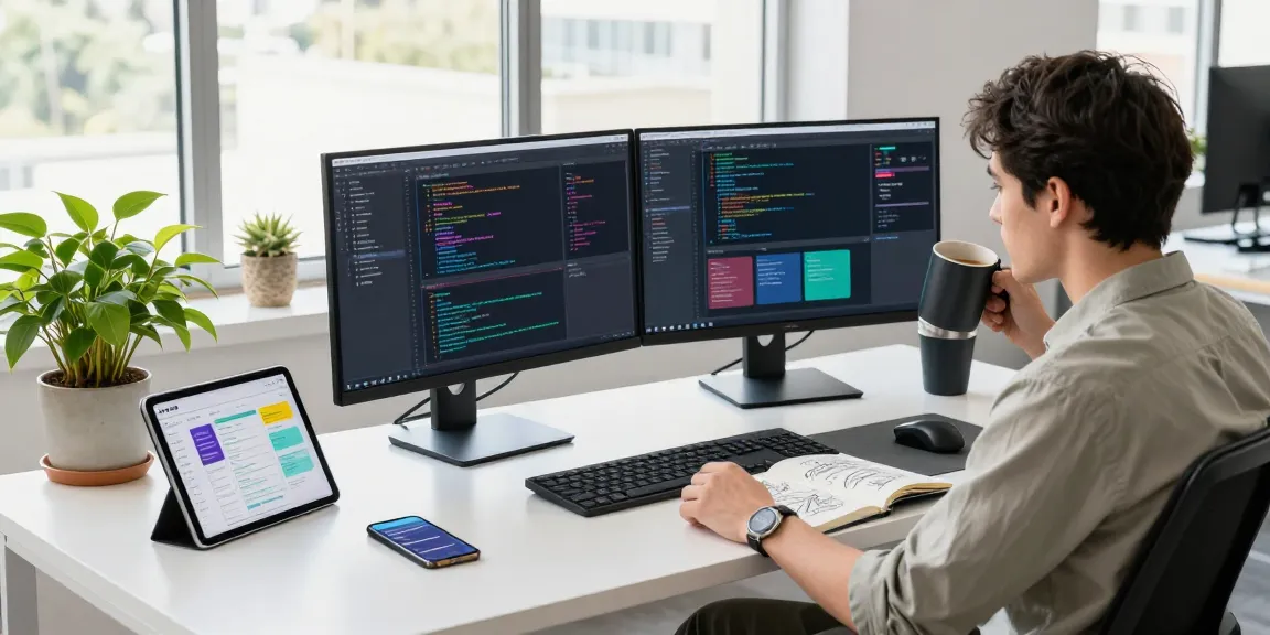 Developer coding in a modern workspace with dual monitors showcasing the 纸飞机中文版 app, surrounded by tech gadgets and a bright atmosphere.