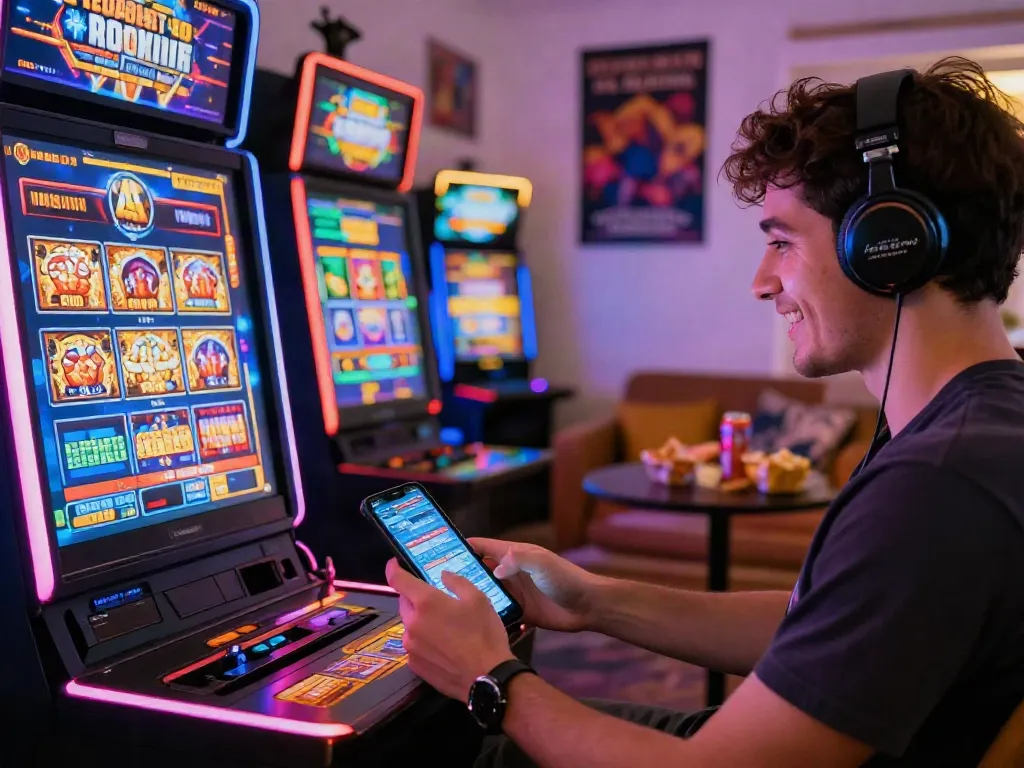 Engaging mobile gaming experience on a slot resmi platform with vibrant graphics and cozy setting.