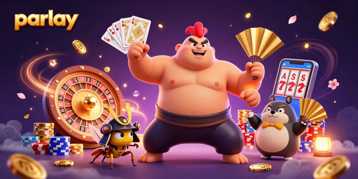 Engage in parlay betting with lively characters in a dynamic casino setting decorated with golden coins and poker chips.