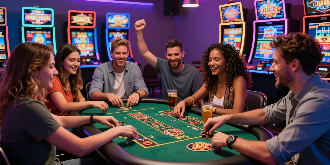 Des amis profitant d'une soirée animée de casino en ligne avec des jeux, des collations et des boissons.